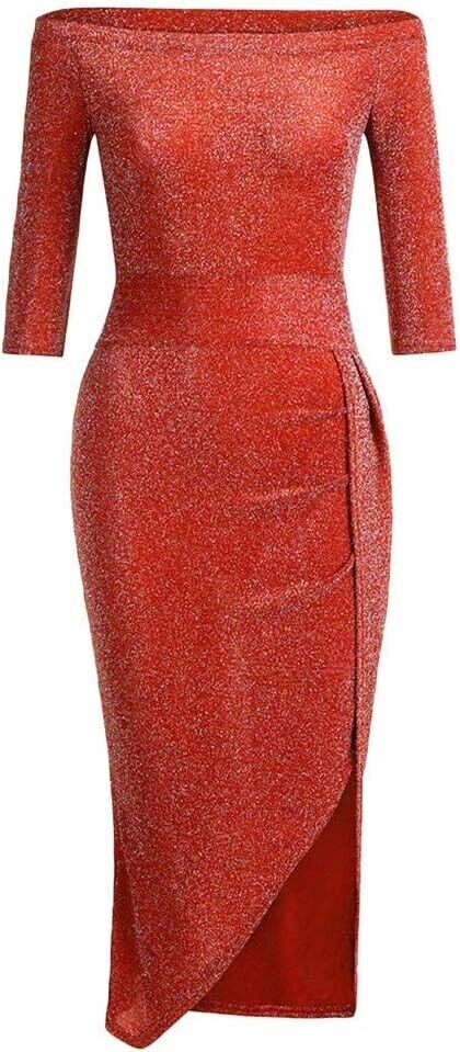 Women Glitter Sequin Prom Cocktail Dress Off Shoulder High Slit Bodycon Medium