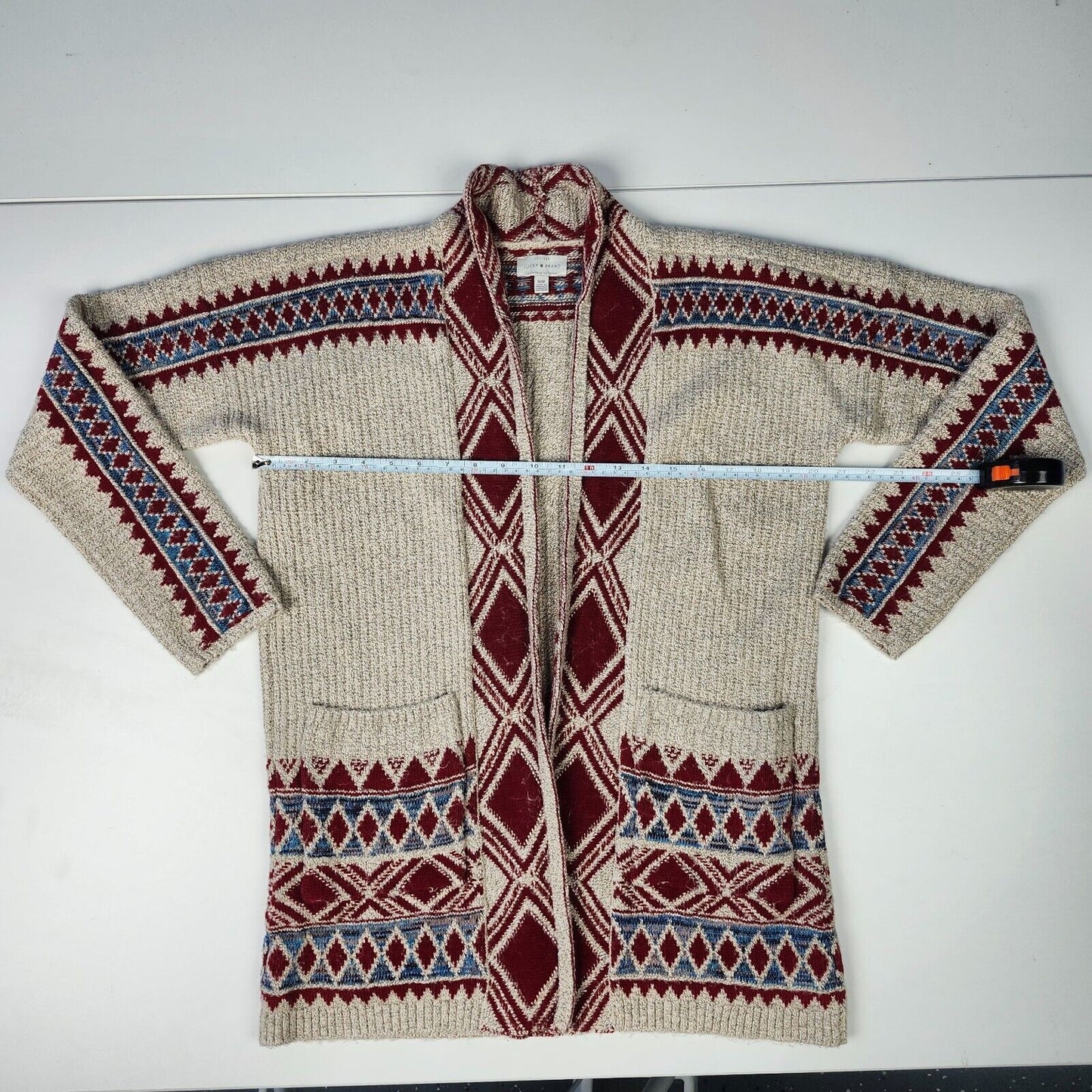 LUCKY BRAND SIZE M OPEN FRONT CARDIGAN SWEATER SOUTH WESTERN PRINT AZTEC