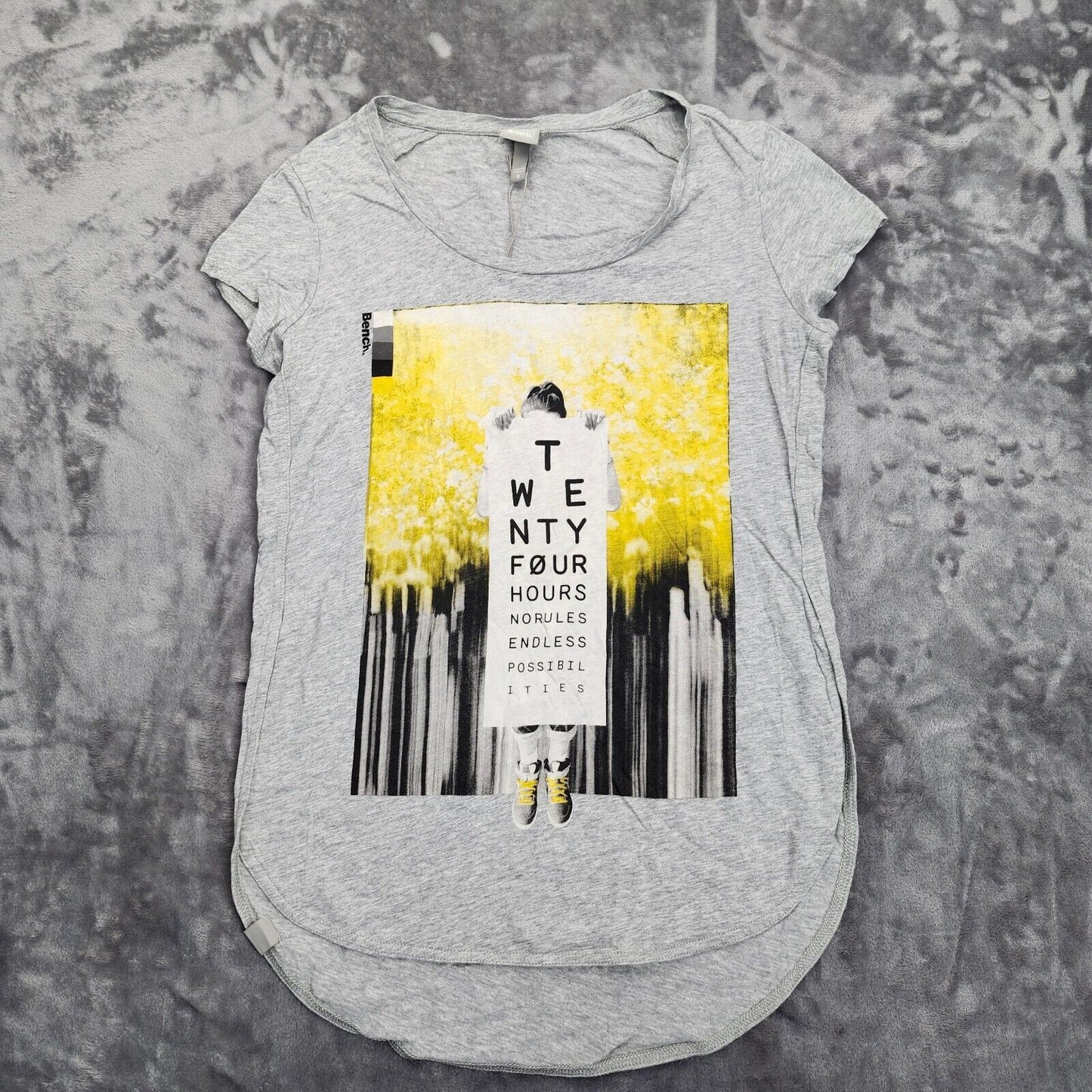 Bench Urban Wear Womens Cap sleeve Graphic T-Shirt Grey and Yellow Size Small