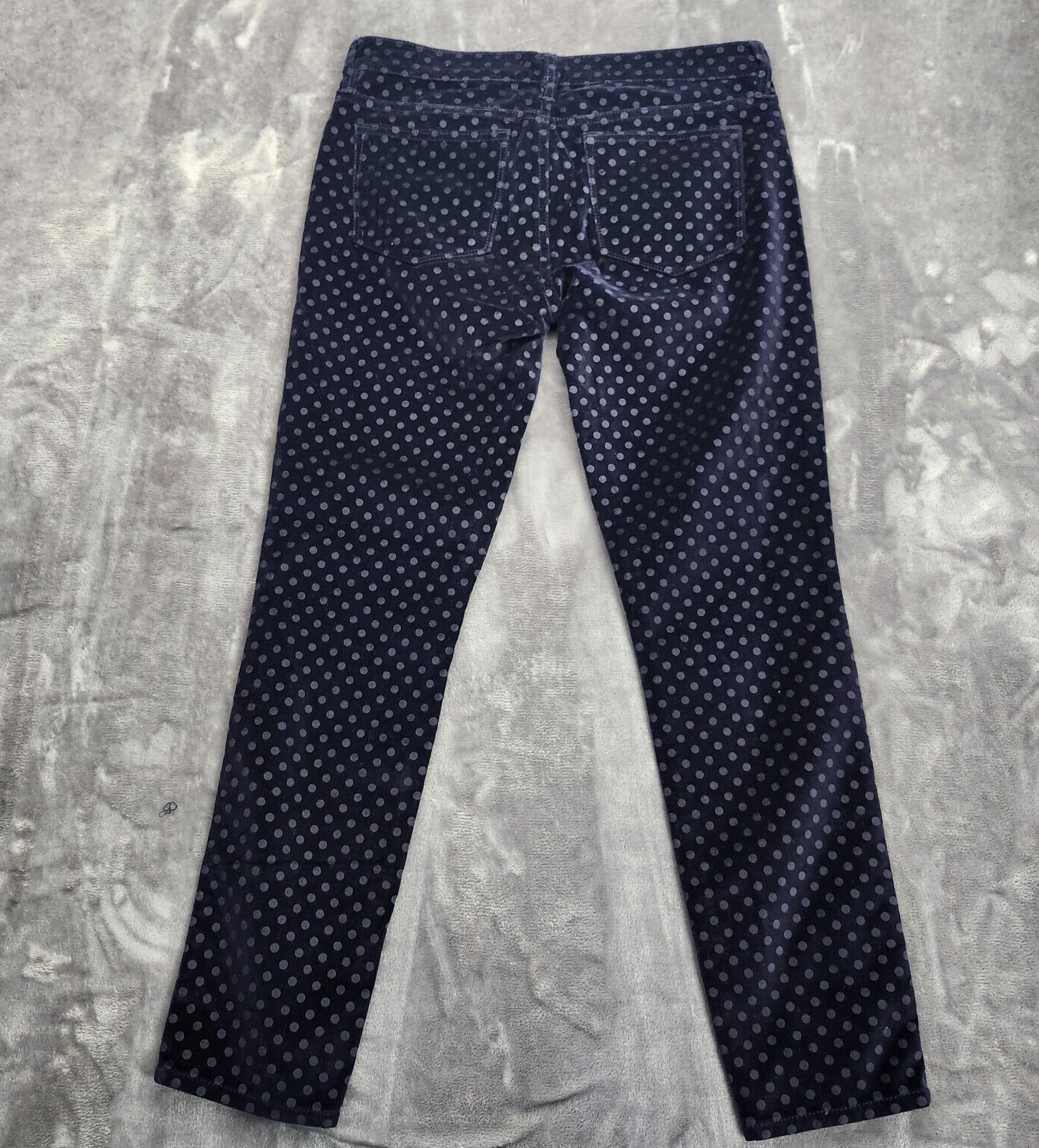 J.Crew Toothpick Skinny Ankle Pants velvet navy blue fabric with polka dots 28