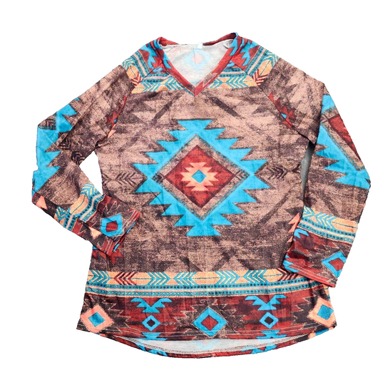 Magroz Women's Tops Vintage Geometric Printing V Neck Tunic Tshirt Long Sleeve M