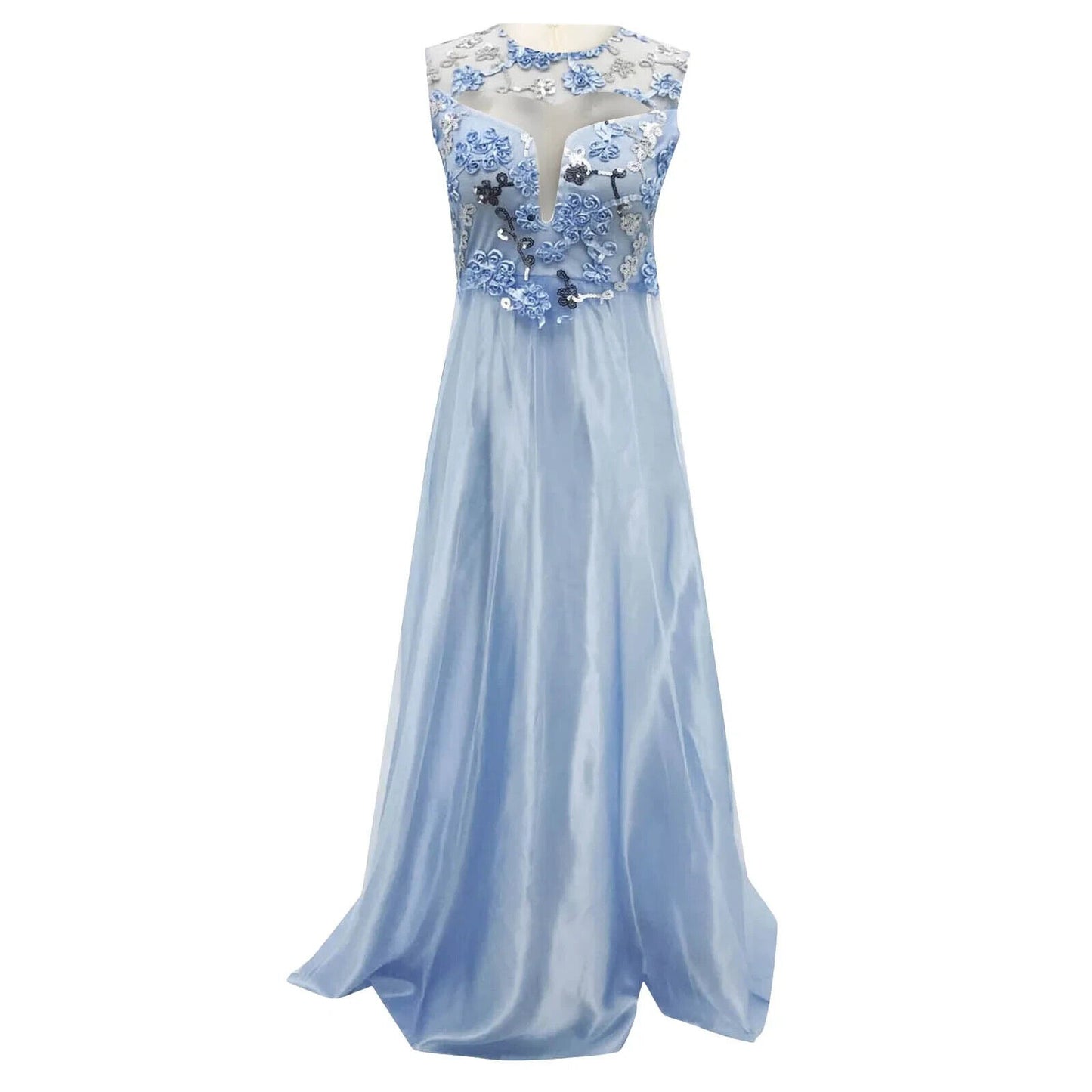 Women Floral Sequin Evening Gown Prom Long Sleeveless Tulle Maxi Dress Blue MED