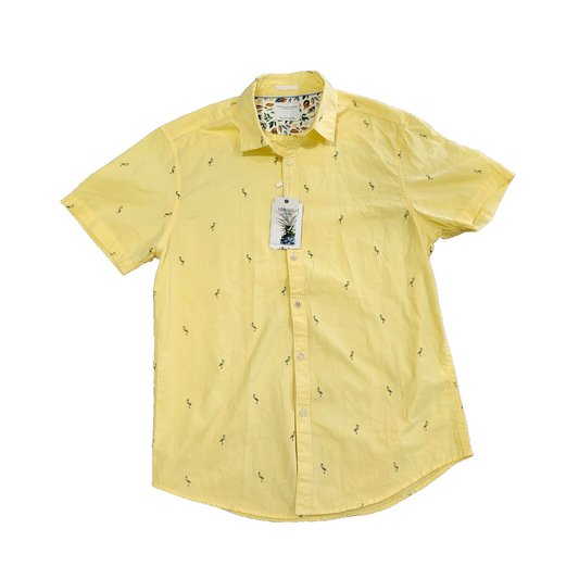 NWT Ricky Singh Denim & Flower Button Up Shirt MEDIUM Yellow Short Sleeve