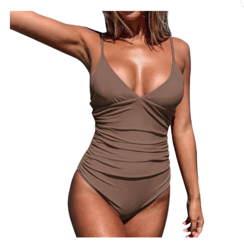 Women's Deep V Solid Color Belly Covering One Piece Swimsuit XL