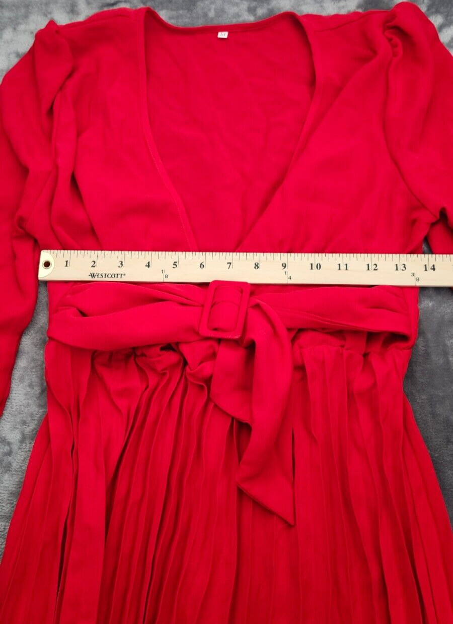 Women's Long Sleeved Pleated Dress Vintage V Neck Tie Waist Maxi Dress Red M