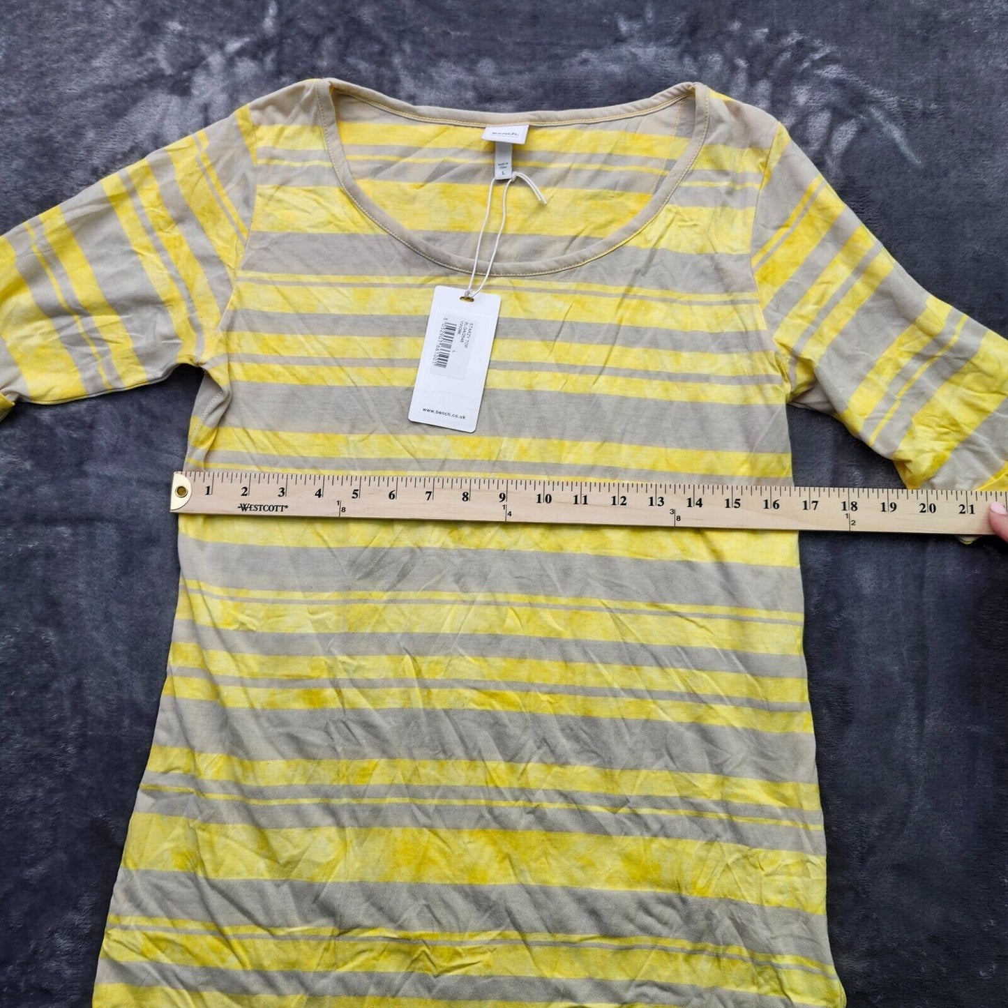 NWT Bench Urban Wear Womens 3/4 Sleeve Scoop nuck Yellow striped shirt size L