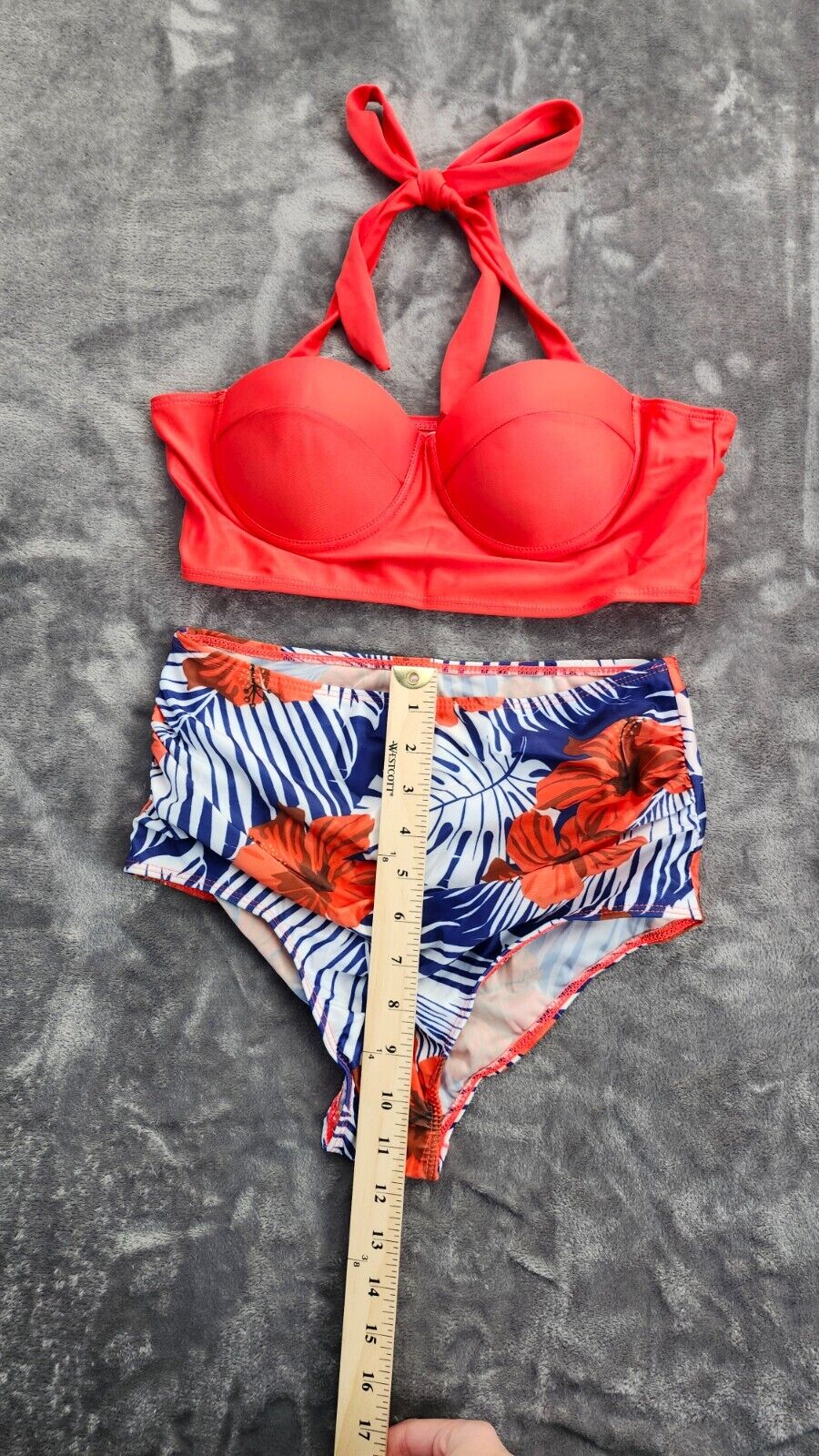 Women 2 Pcs Swimsuit High Waisted Floral Halter Bandage Bikini Set Red/Blue M