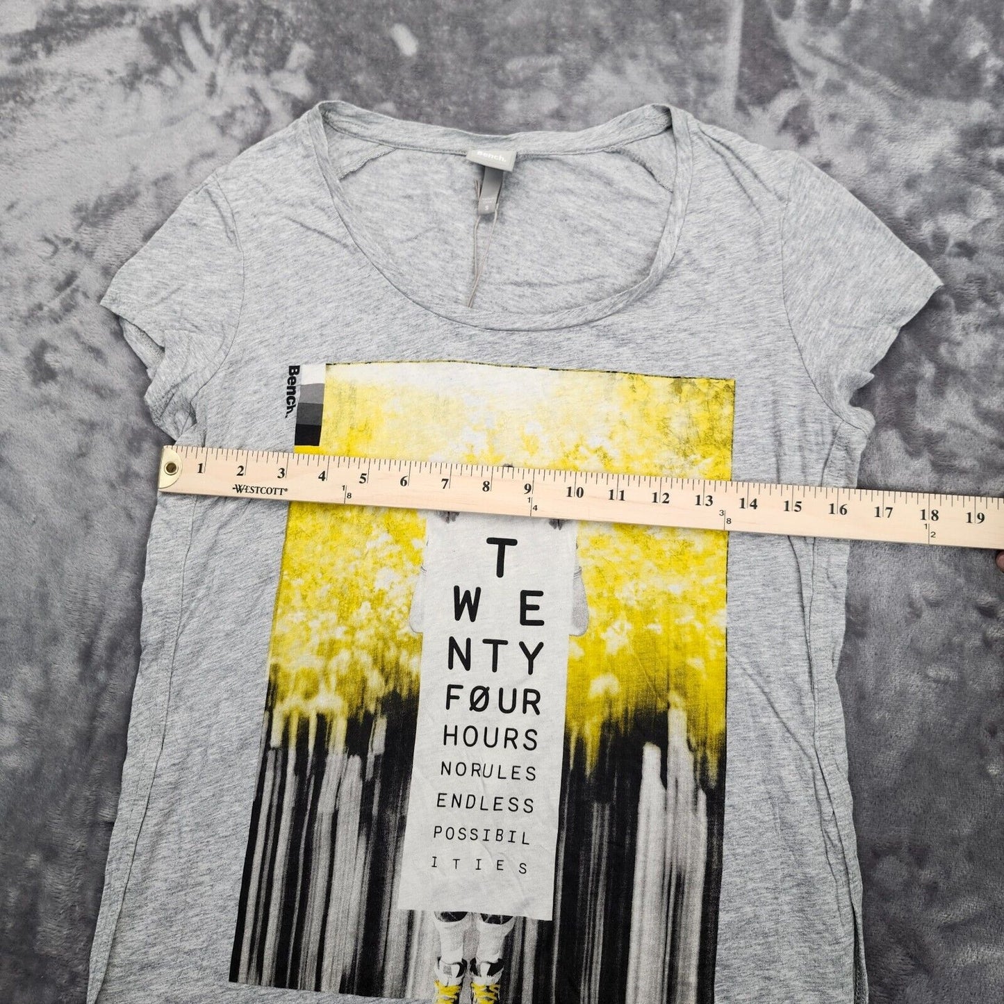 Bench Urban Wear Womens Cap sleeve Graphic T-Shirt Grey and Yellow Size Small