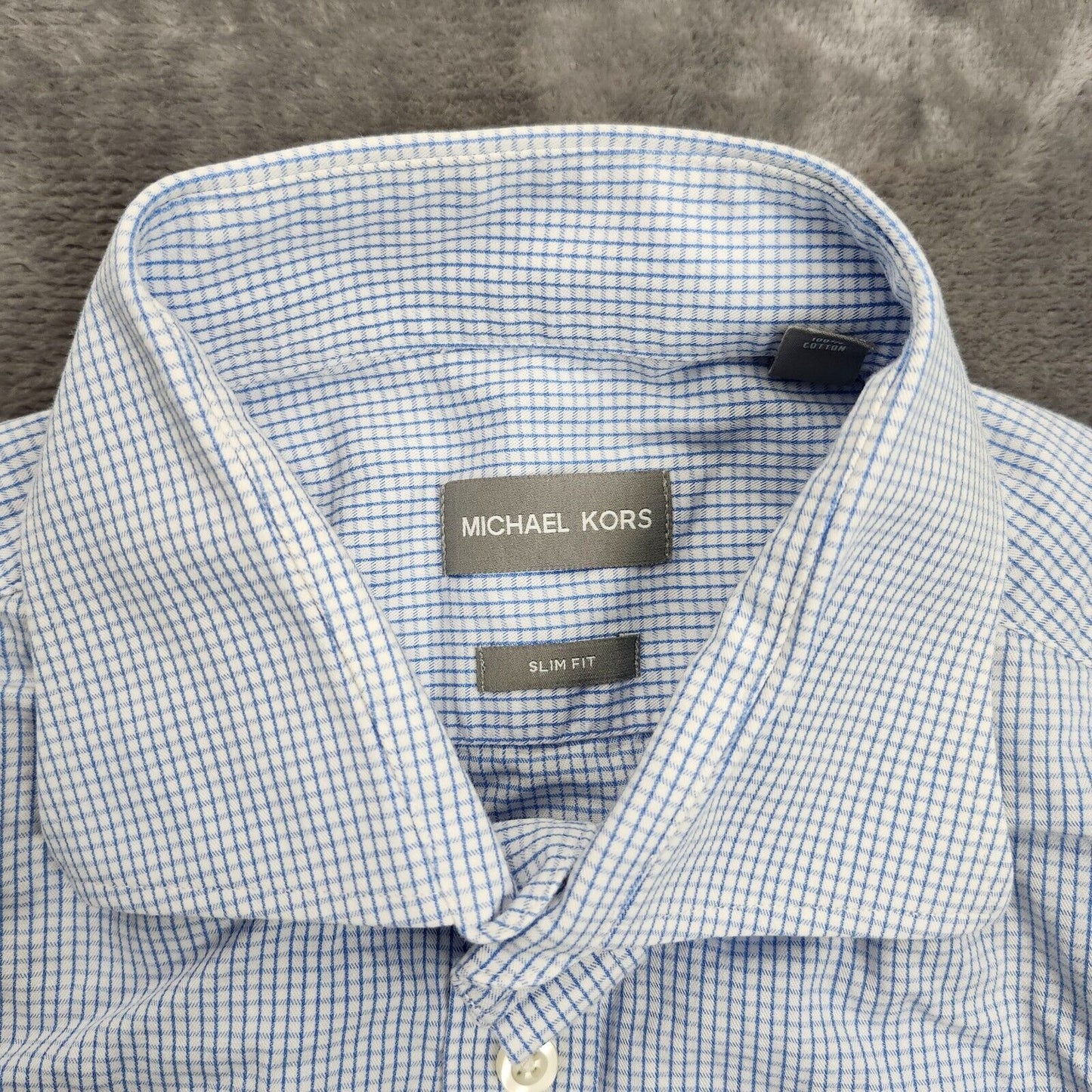 Michael Kors Shirt Mens 15.5 32/33 Slim Fit Blue Checked Button Up Long Sleeve