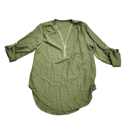 Womens light weight 1/4 zip blouse 3/4 sleeve Green Medium