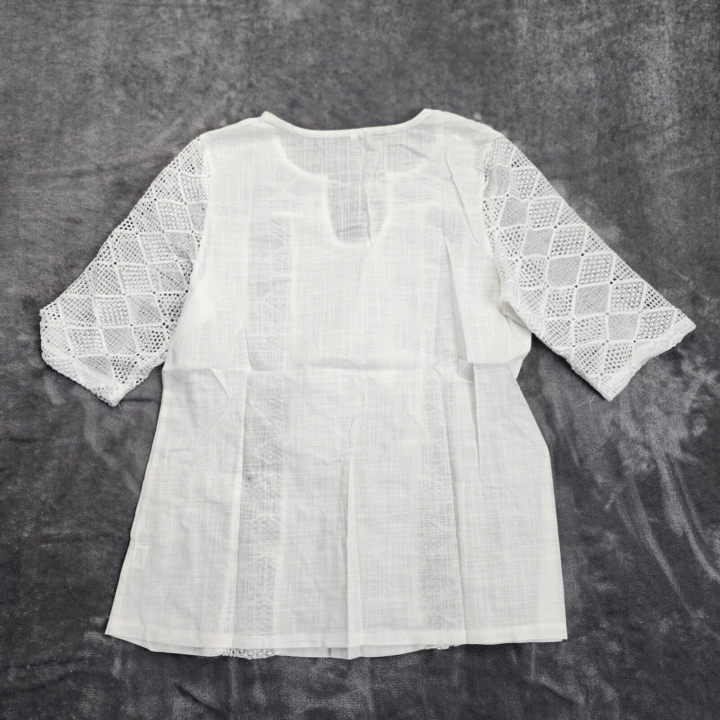 Women Summer Blouse Cotton Solid Color Hollow O-Neck 3/4 Sleeve Lace Size Large