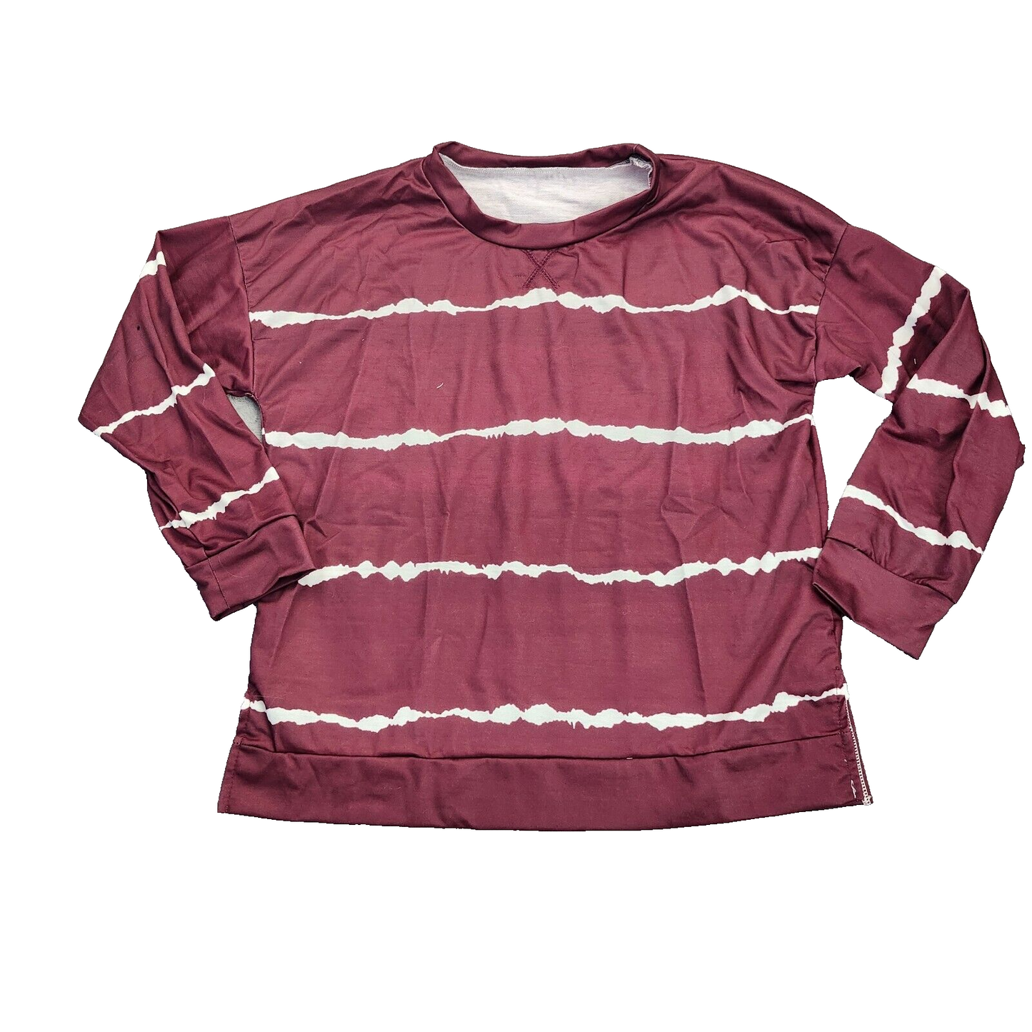 Women's Long Sleeve V-neck Zipper Blouse with Stripes Maroon Medium