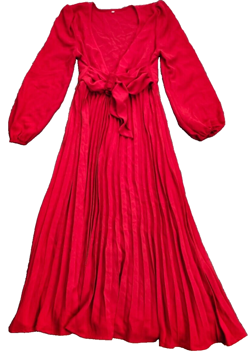 Women's Long Sleeved Pleated Dress Vintage V Neck Tie Waist Maxi Dress Red M