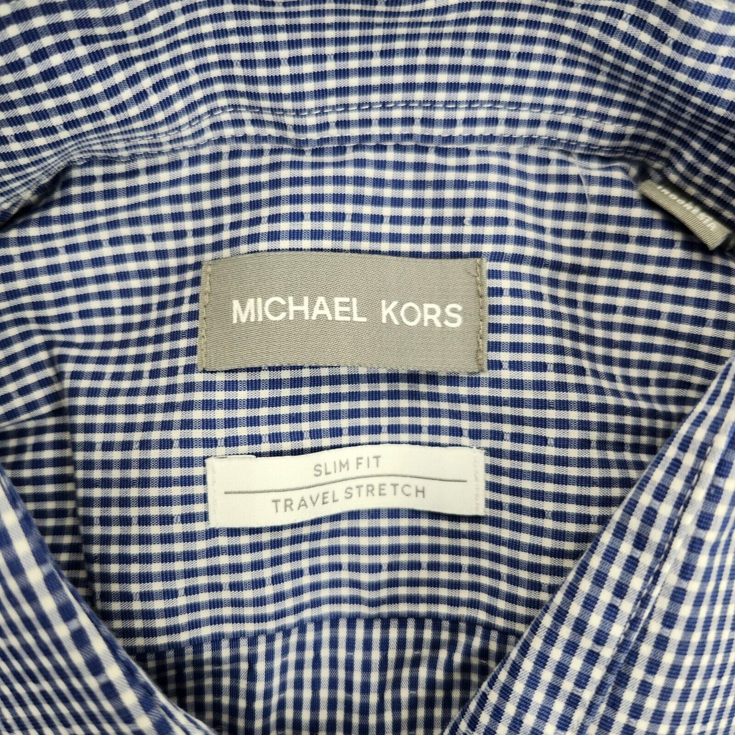 Michael Kors Shirt Mens 15.5 32/33 Slim Fit Blue Checked Button Up Long Sleeve