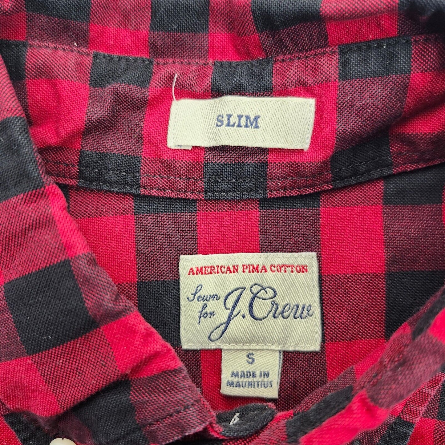 J Crew Mens Red and Black Check Oxford Button-Down Shirt Vintage Slim Fit Small