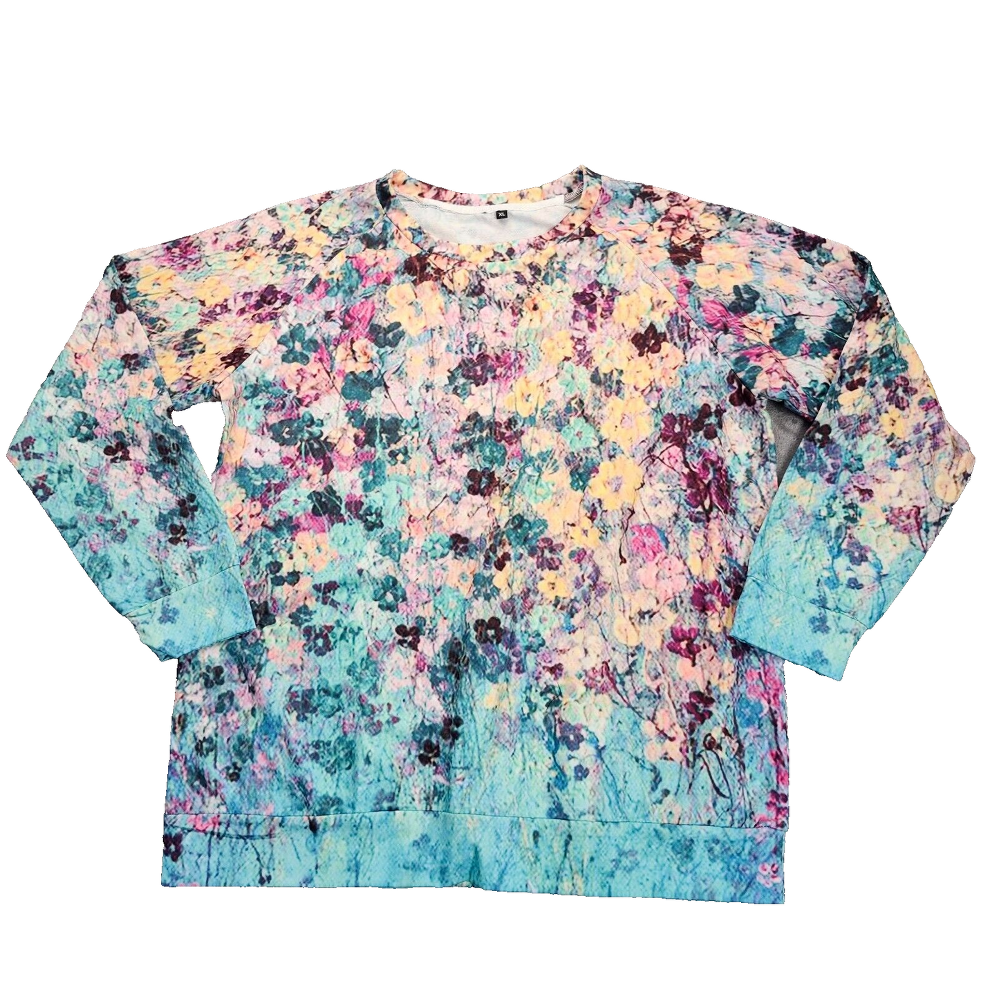 Womens Crewneck Graphic Long Sleeve Shirt Multicolored Blue Floral Print XL