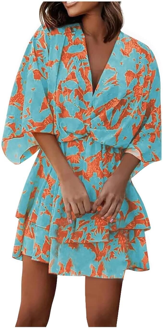 Women's Dress V-Neck Loose Batwing Sleeve Elastic Waist Printed Dress Mini Large