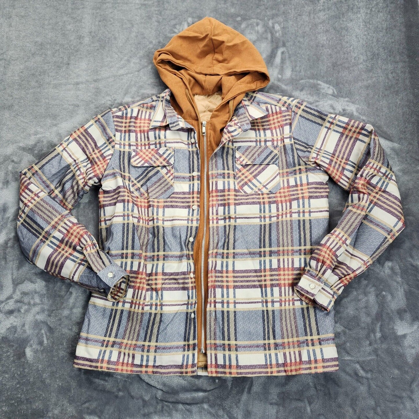 Men's Zip up Quilted Lined Button Down Plaid Jacket with Hood 2XL