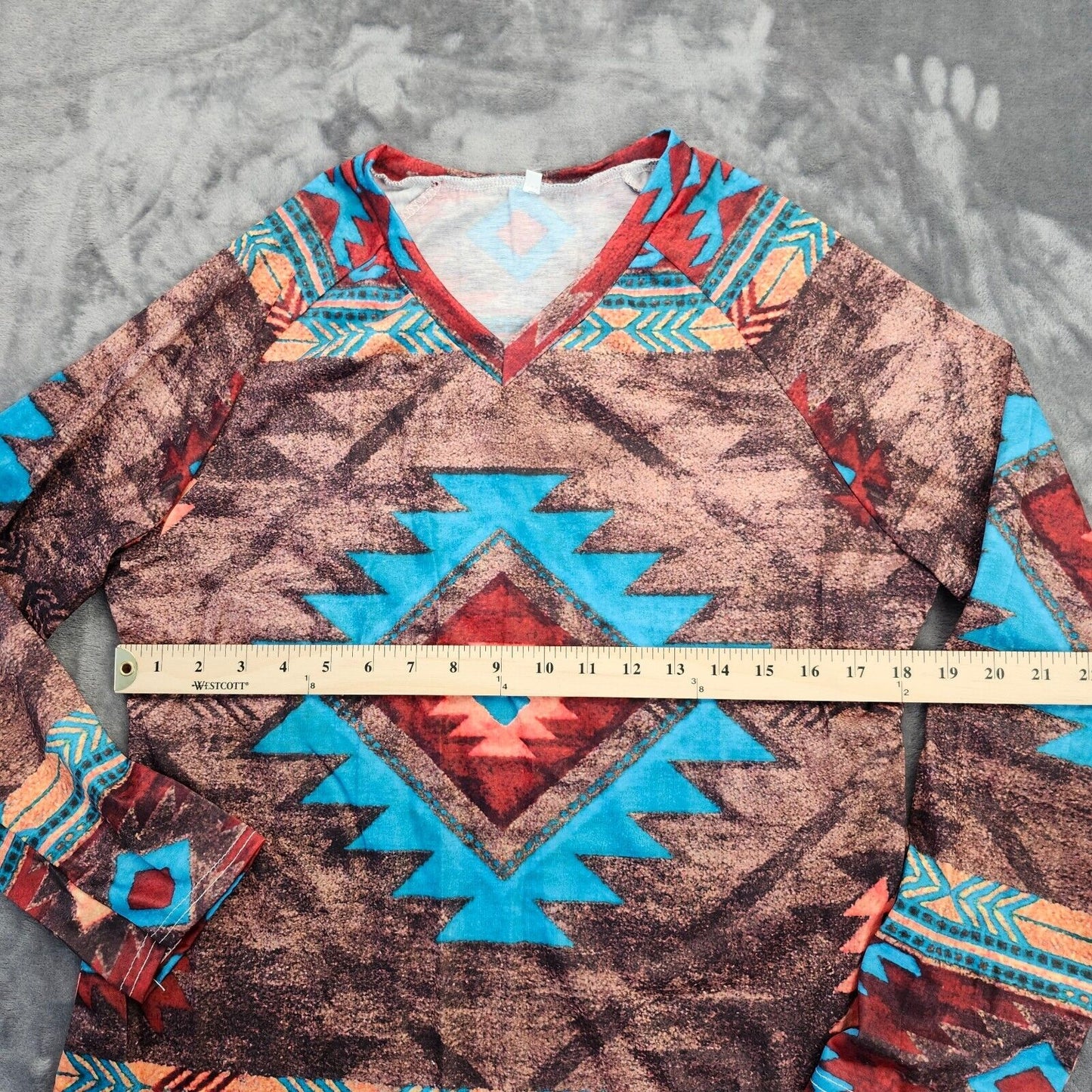 Magroz Women's Tops Vintage Geometric Printing V Neck Tunic Tshirt Long Sleeve M