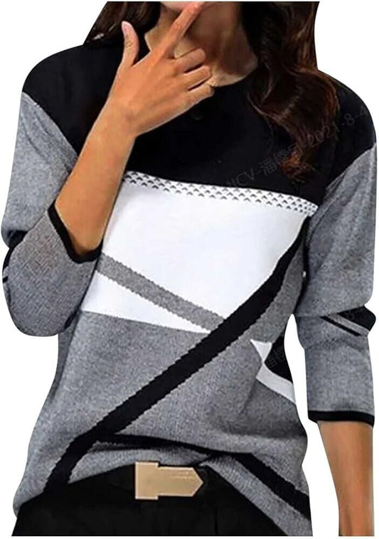 Womens Crewneck Color Block Patchwork Long Sleeve Loose Fit T Shirts Blouses L