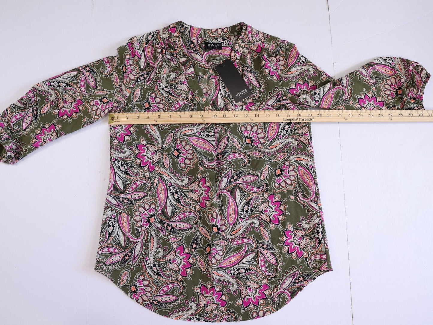 Jones New York Womens Paisley V-Neck Pleated Front Blouse Shirt Size XS