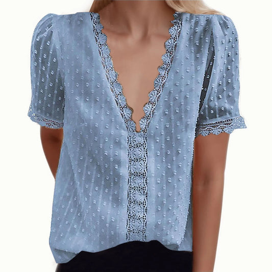 Womens V-neck Sheer Blouse with lace and Texture Light Blue Size 2XL