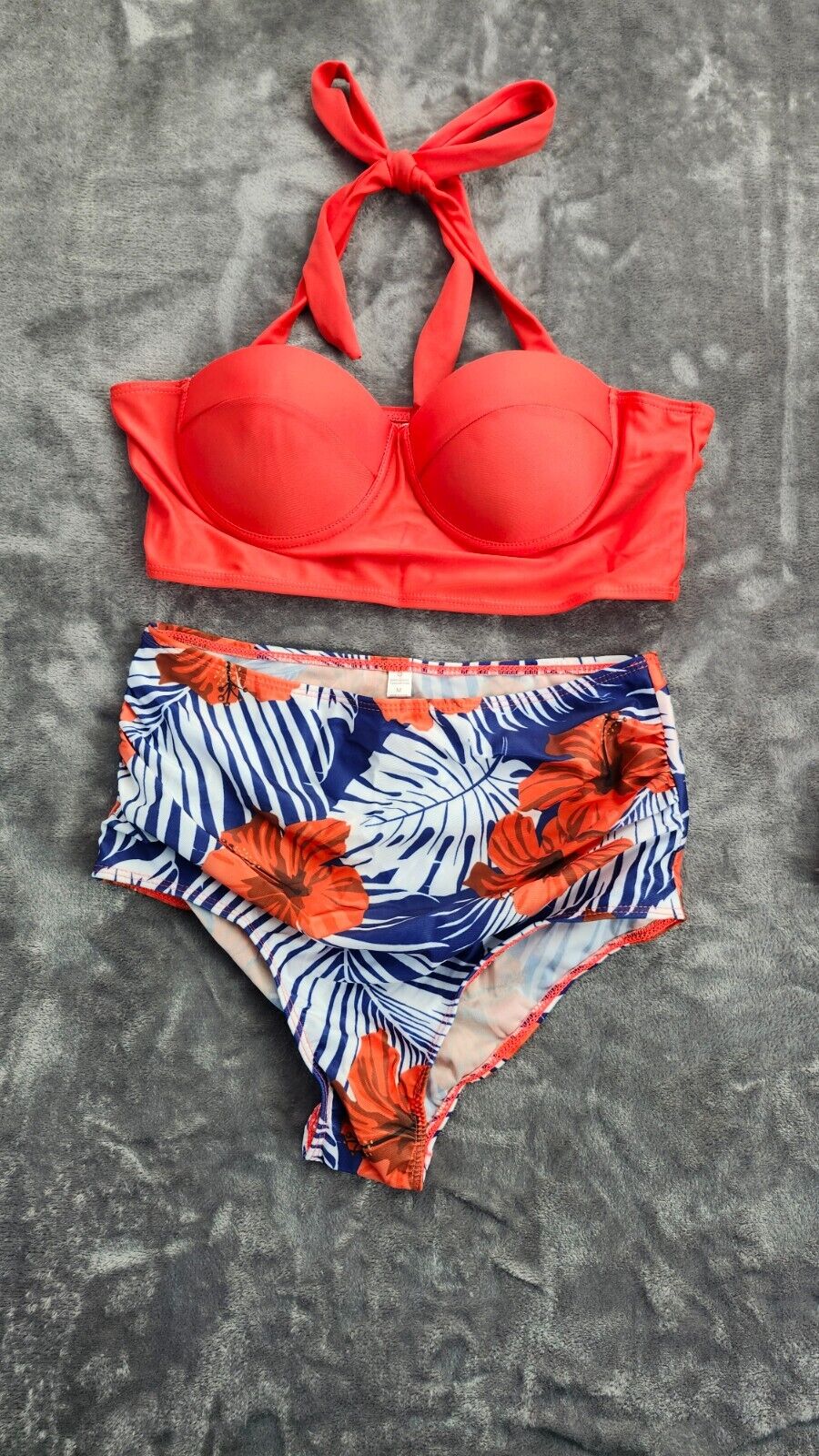 Women 2 Pcs Swimsuit High Waisted Floral Halter Bandage Bikini Set Red/Blue XL