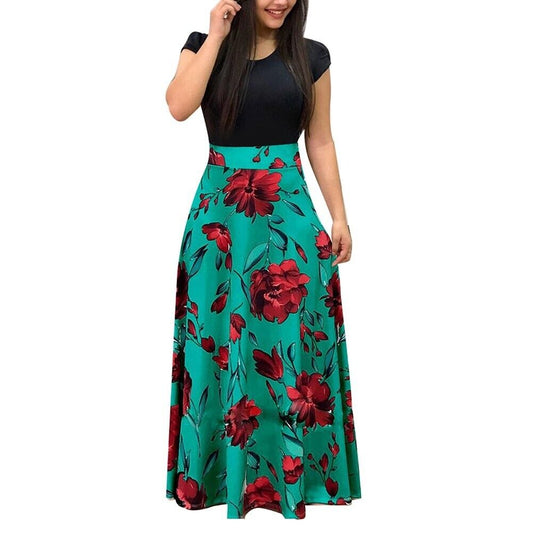 Women Floral Print Color Block Round Neck Short Sleeve Maxi Dress XL