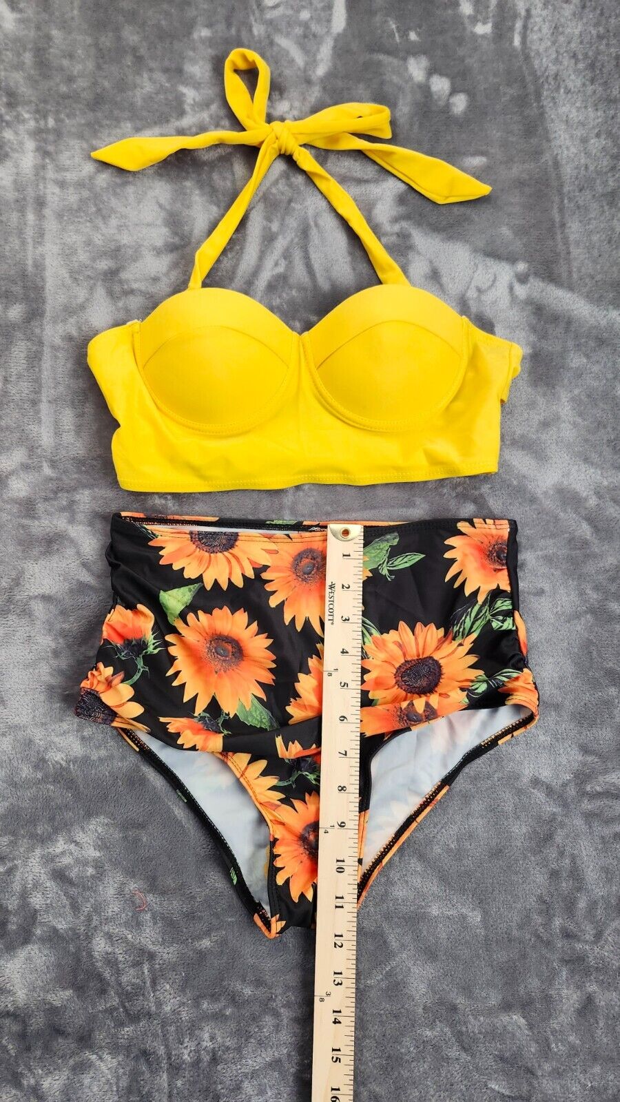 Women 2 Pcs Swimsuit High Waisted Floral Halter Bandage Bikini Set Yellow/BLK M