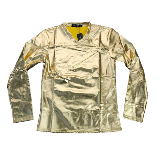 Men's Metallic T-Shirt Round Neck Long Sleeve Shining Disco Golden L