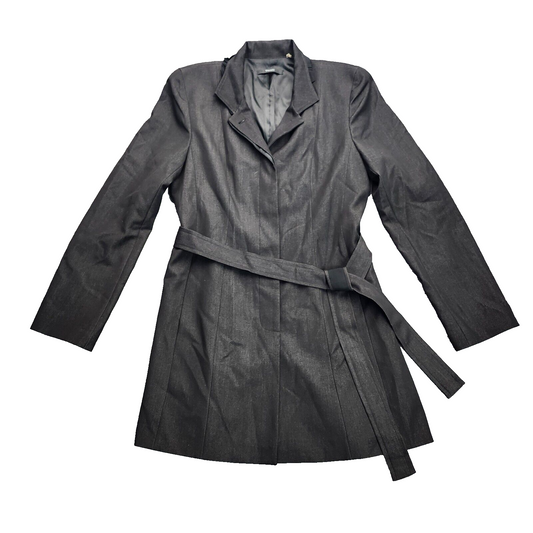 Tahari Stretch Belted Dress Coat Jacket Parka Top w/ Ruffled Collar Black Large