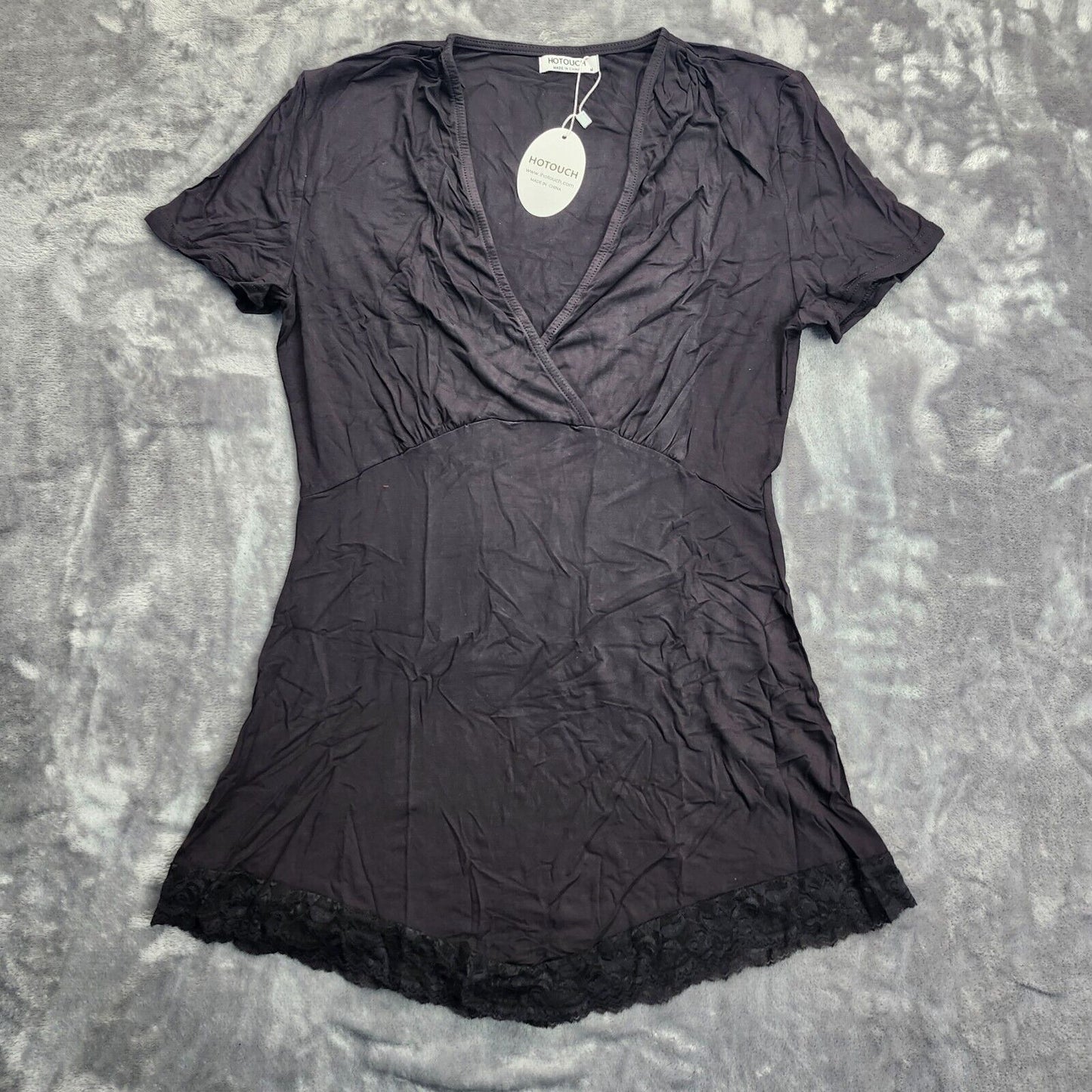 Women Deep V-Neck Short Sleeve Lace Trim Slim Fit Casual T-Shirt Top Black M