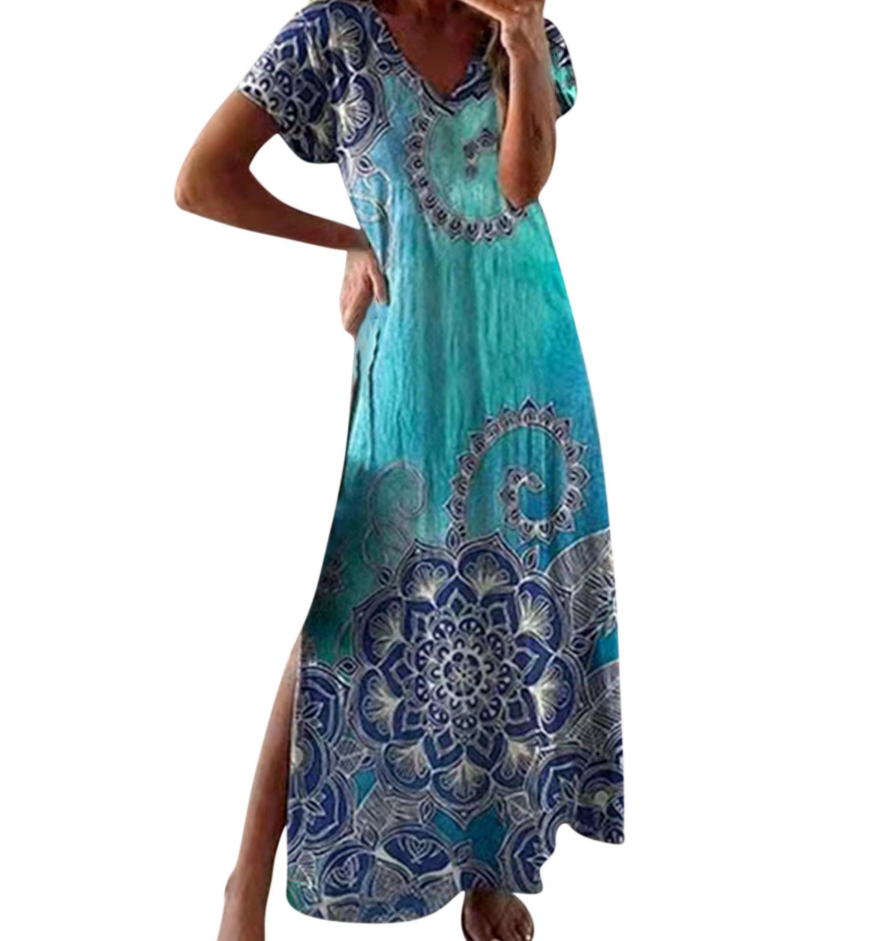 Long Maxi Dresses for Women Summer V-Neck Short Sleeve Boho Printed Large