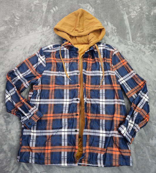 Plaid Hooded Shacket Casual Flannel Shirt Long Sleeve Zip up Button Down Coat L