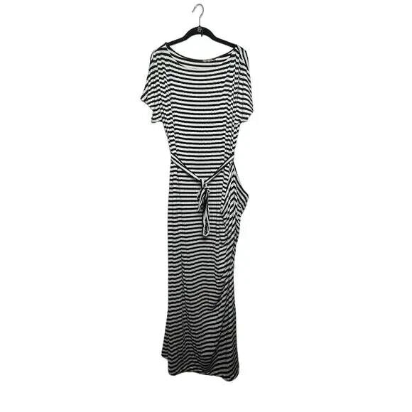 Striped Long Dress Womens XXL Short Sleeve Belted Black White Maxi Scoop Neck