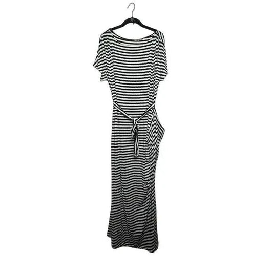 Striped Long Dress Womens XXL Short Sleeve Belted Black White Maxi Scoop Neck