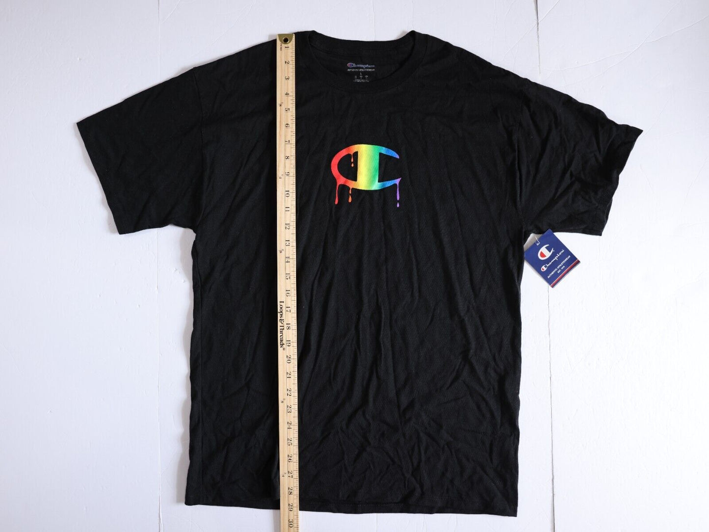 Champion Shirt Women's Small Rainbow Paint Logo Black Tee Size Large