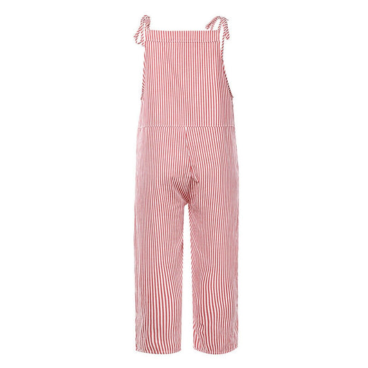 Women Striped Tie Strap Sleeveless Jumpsuits Casual Loose Overalls w/Pockets 3XL