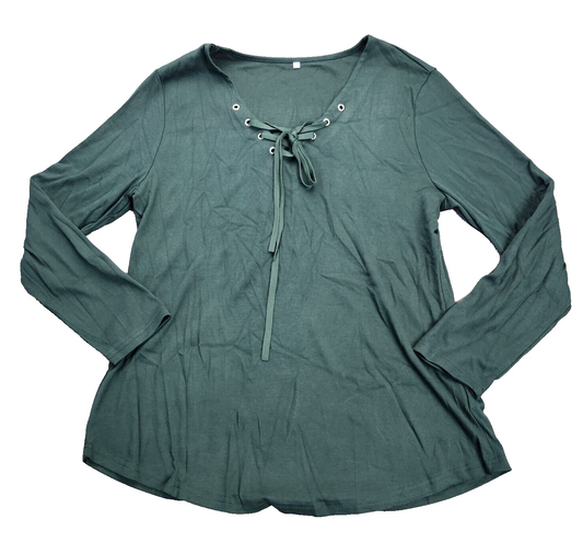 Women's Lace Up Long Sleeve Top Green Size Large