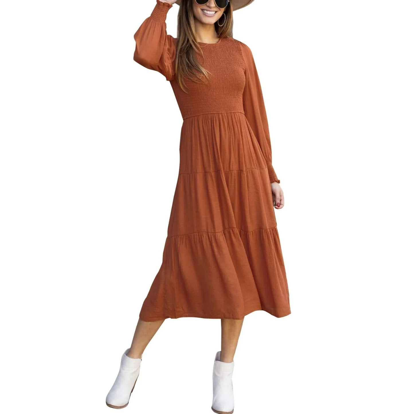 Womens Long Sleeve Dress Crew Neck Fall Orange 2XL