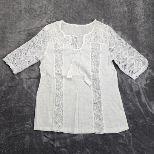 Women Summer Blouse Cotton Solid Color Hollow O-Neck 3/4 Sleeve Lace Size Large