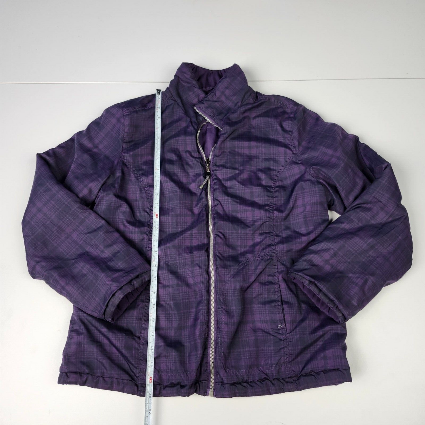 st johns bay womens reversible jacket purple solid/plaid size Medium