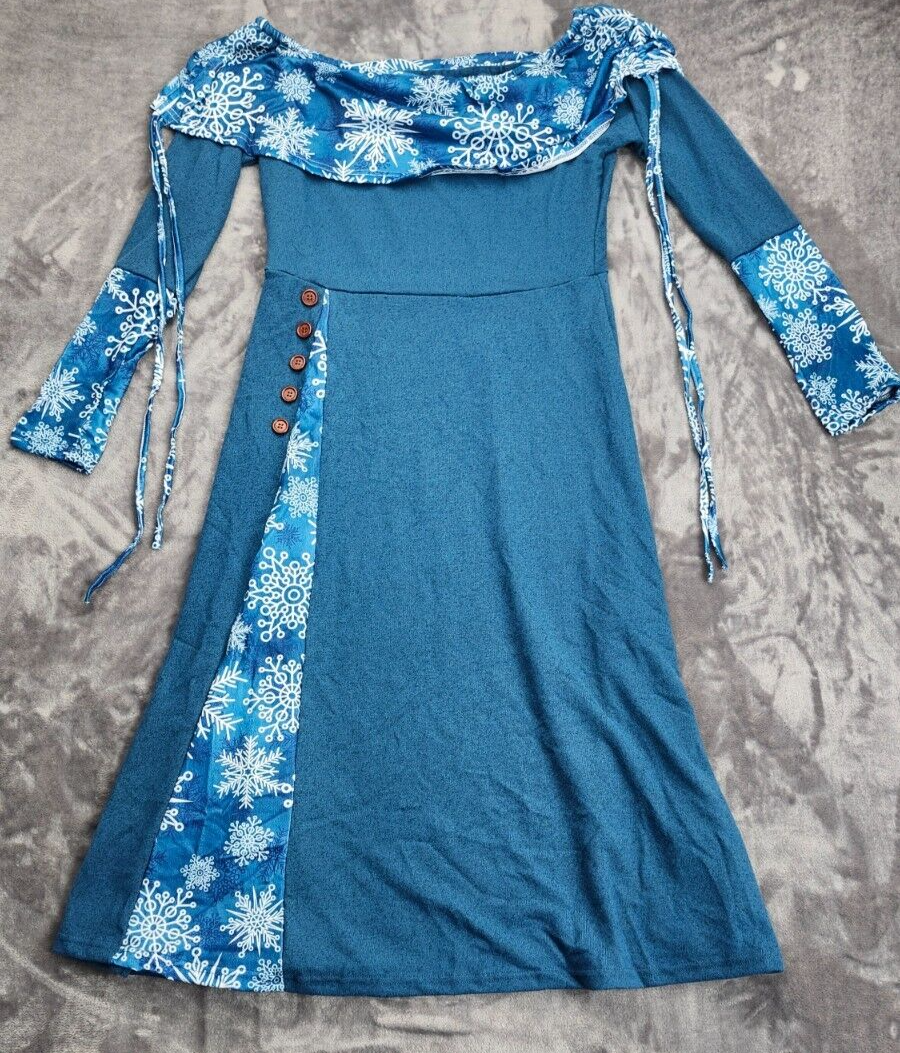 Womens Blue Long Sleeve Winter Date Night Fitted Off The Shoulder Dress L