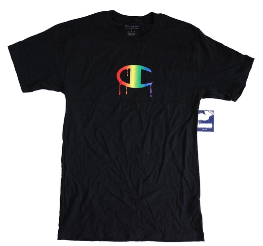 Champion Shirt Women's Small Rainbow Paint Logo Black Tee Size Small