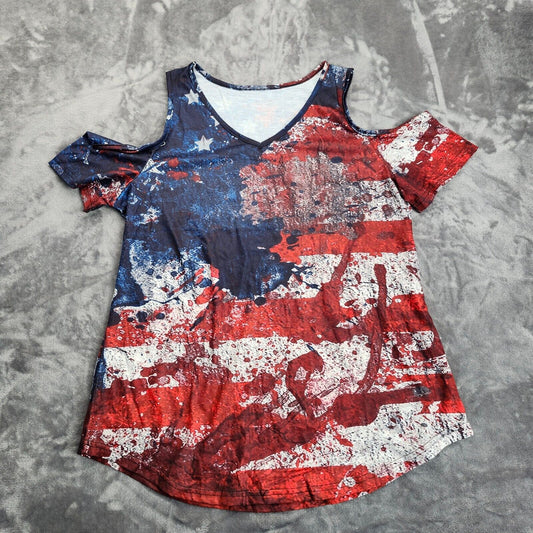 Womens Cold Shoulder Summer Tops 4th of July Shirts American Flag XL