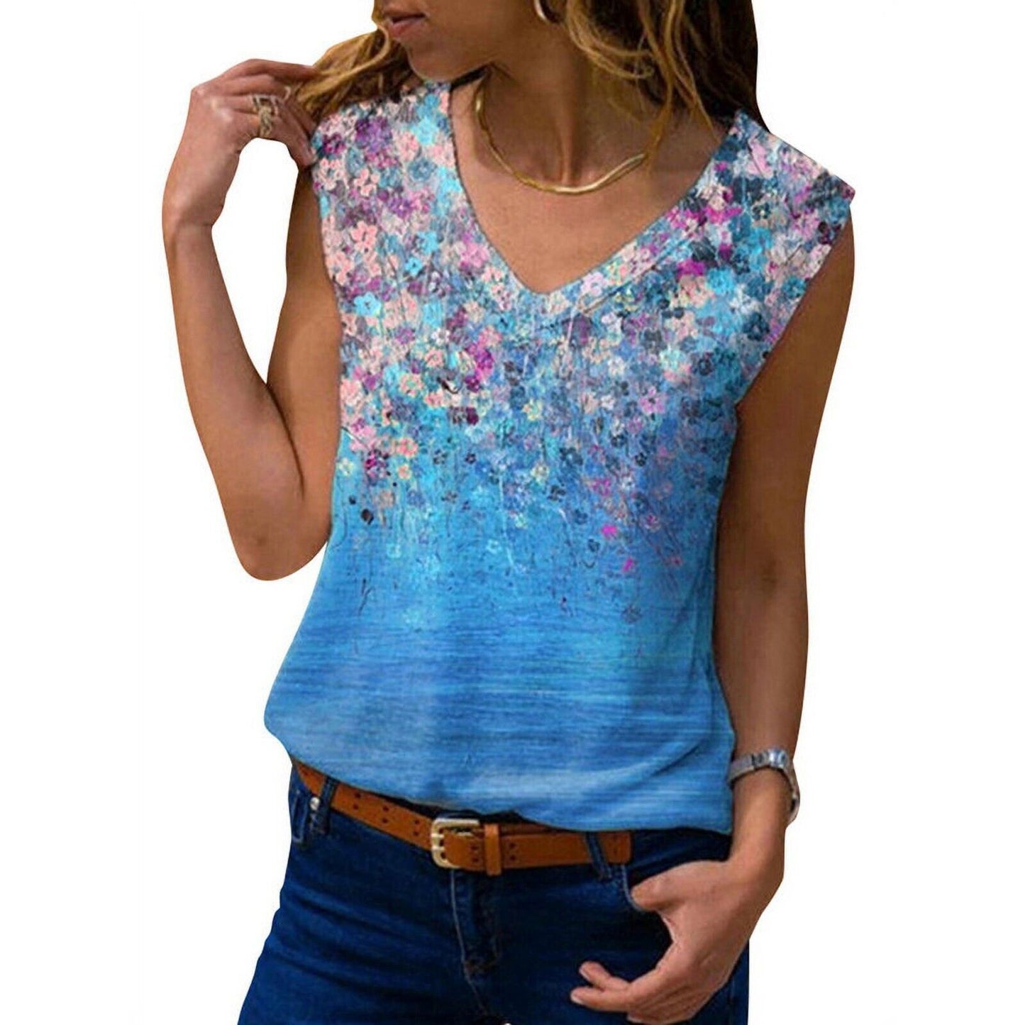 Women Summer Floral Print V-Neck Sleeveless Casual Tank Top XL