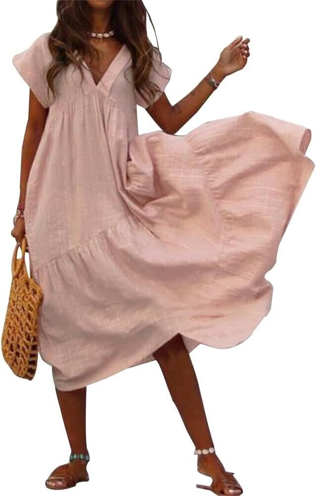 Women Cotton Linen Maxi Shirt Dress Summer V Neck Short Sleeve Pleated Waist XL