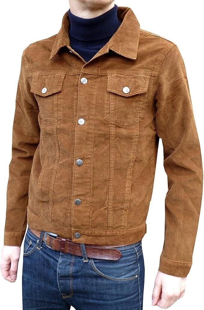 Mens Tan Brown Corduroy Western Shirt Box Jacket Retro Beige Coat XL