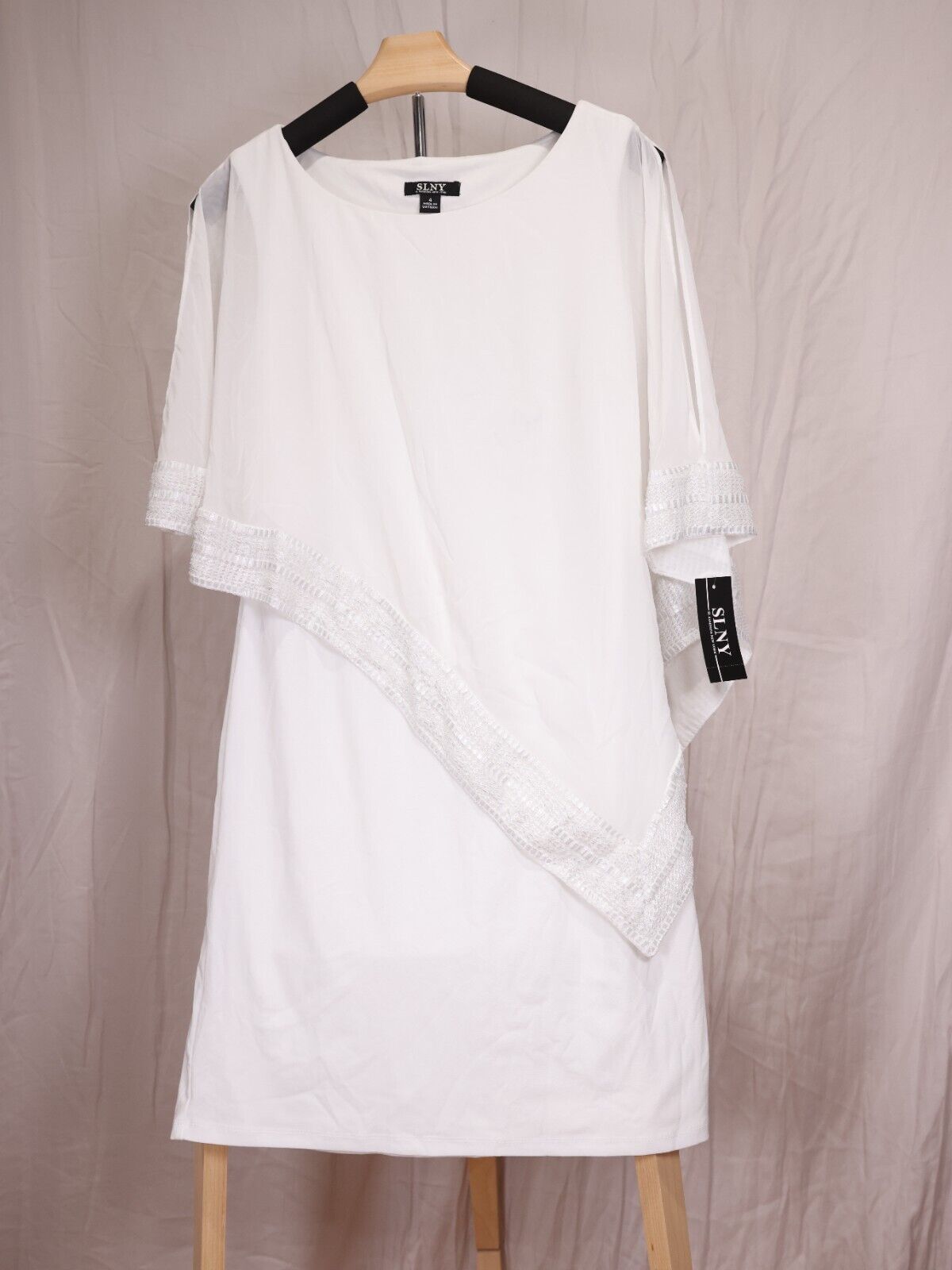 SLNY White Asymmetric Foil Cape Chiffon Split-Sleeve Above-Knee Dress 4 NWT