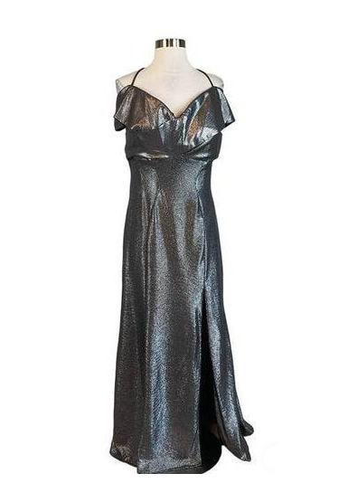 Nightway Women's Formal Dress Silver Metallic Off the Shoulder Gown Size 10